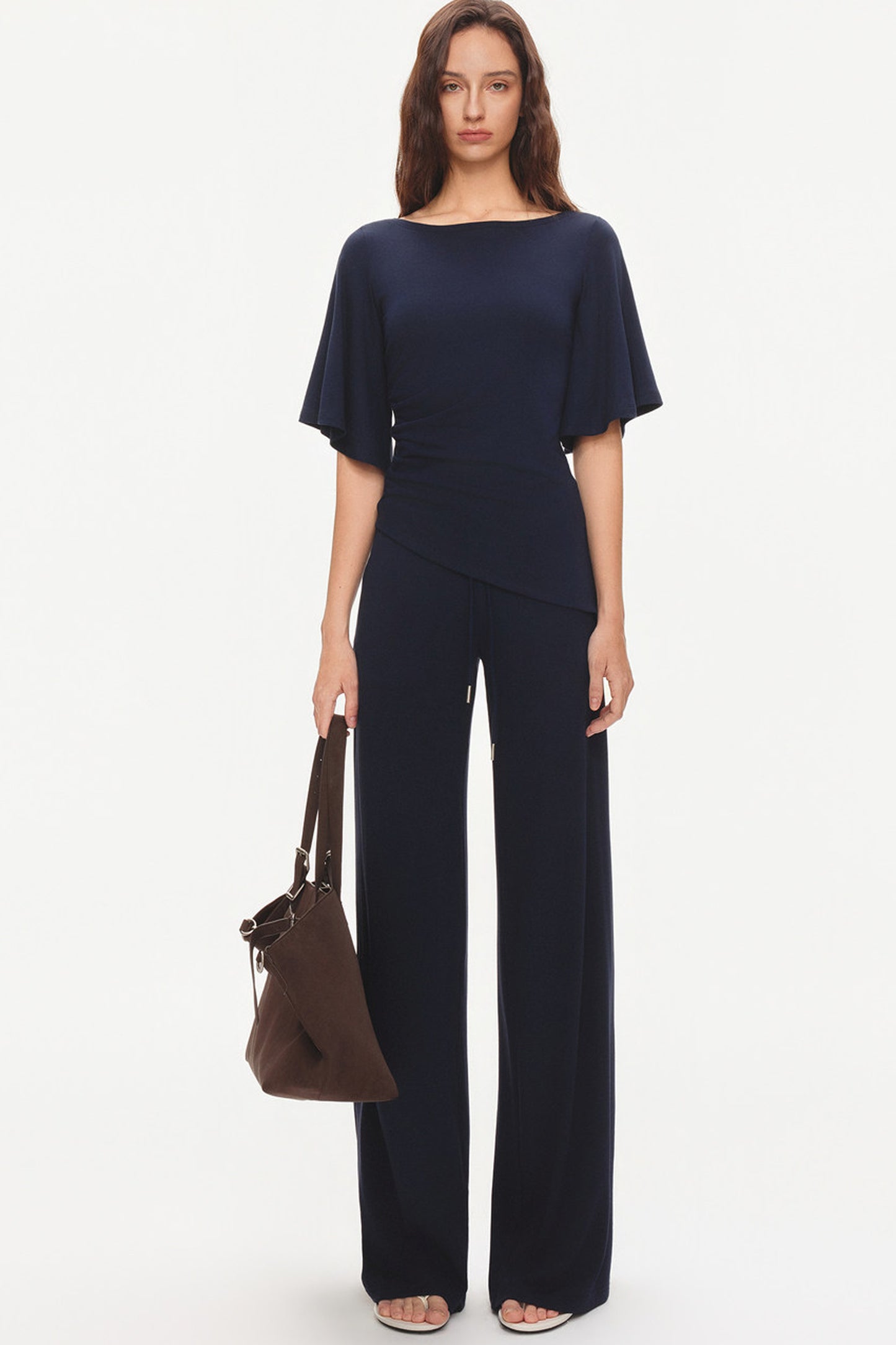 Ruched Modal Cotton Top and Wide-Leg Pants Set-Up