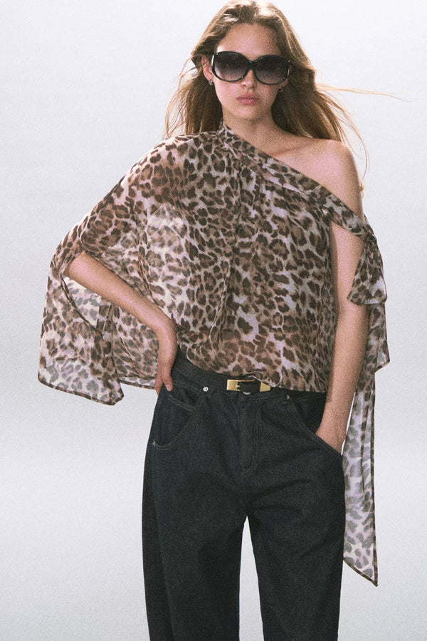 Leopard Print Off-Shoulder Chiffon Vest