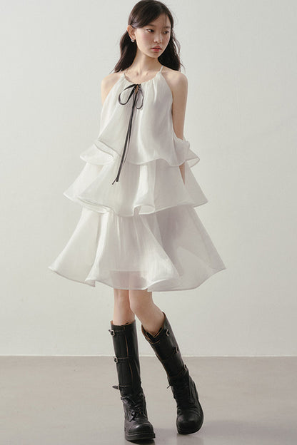 White Layered Halter Dress