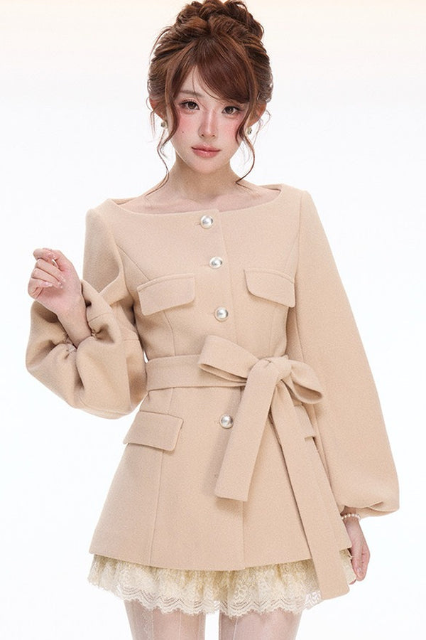 Lantern Sleeve Wool Coat & Lace Tiered Skirt Set-Up