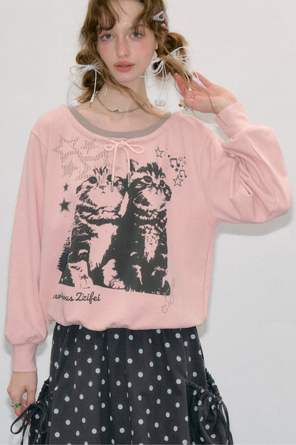 Pink Cat Print Tie Neck Sweatshirt