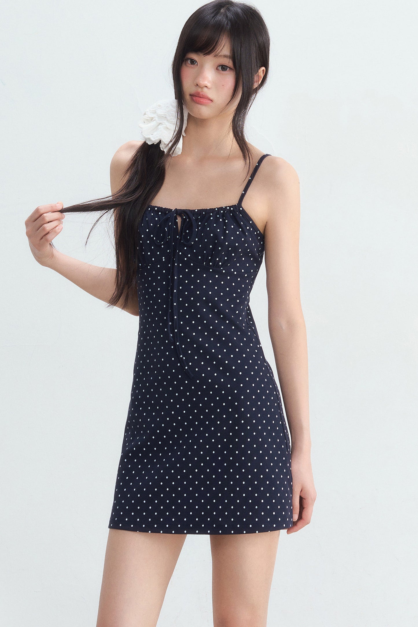 Navy Polka Dot Suspender Dress With Cardigan