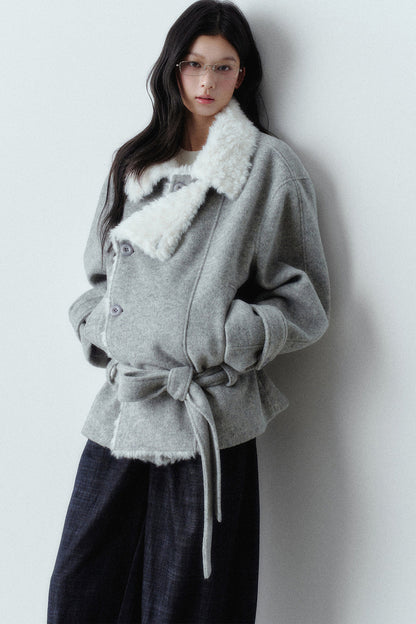 Plush Lapel Woolen Tie-Up Jacket