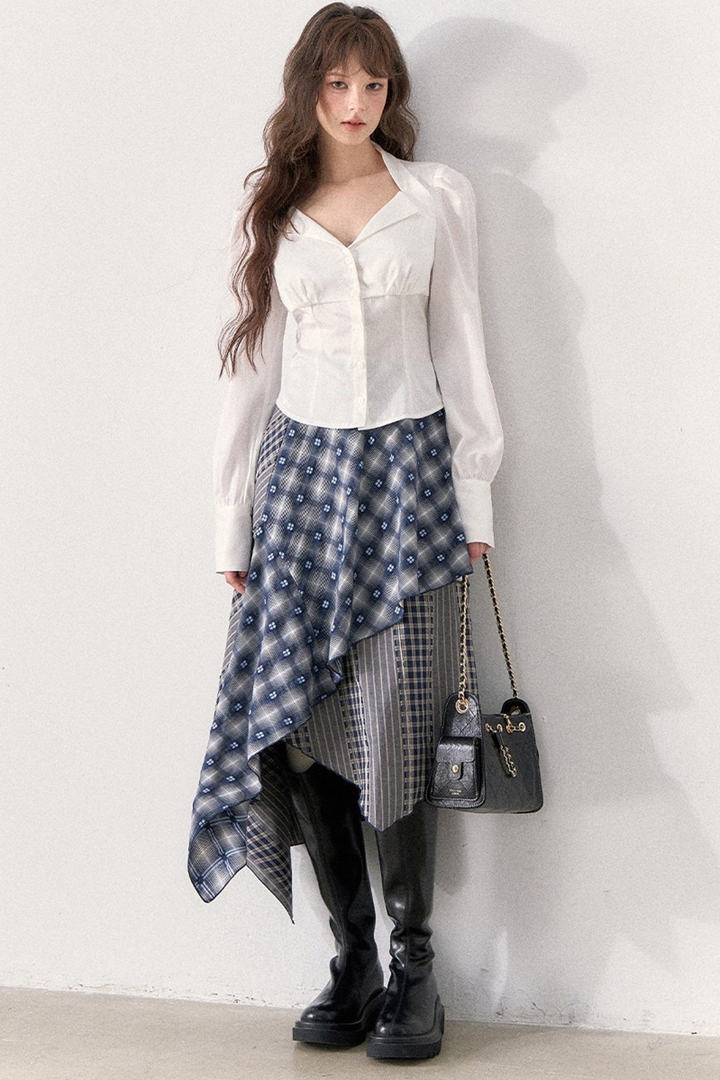 White Shirt and Denim Waistband Asymmetrical Plaid Skirt Set-Up