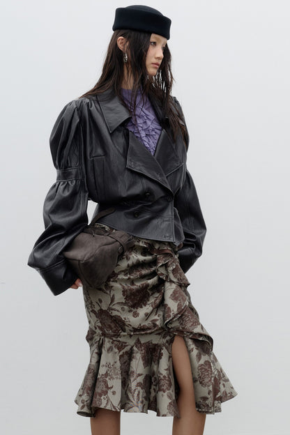 Silhouette Puff Sleeve PU Leather Jacket