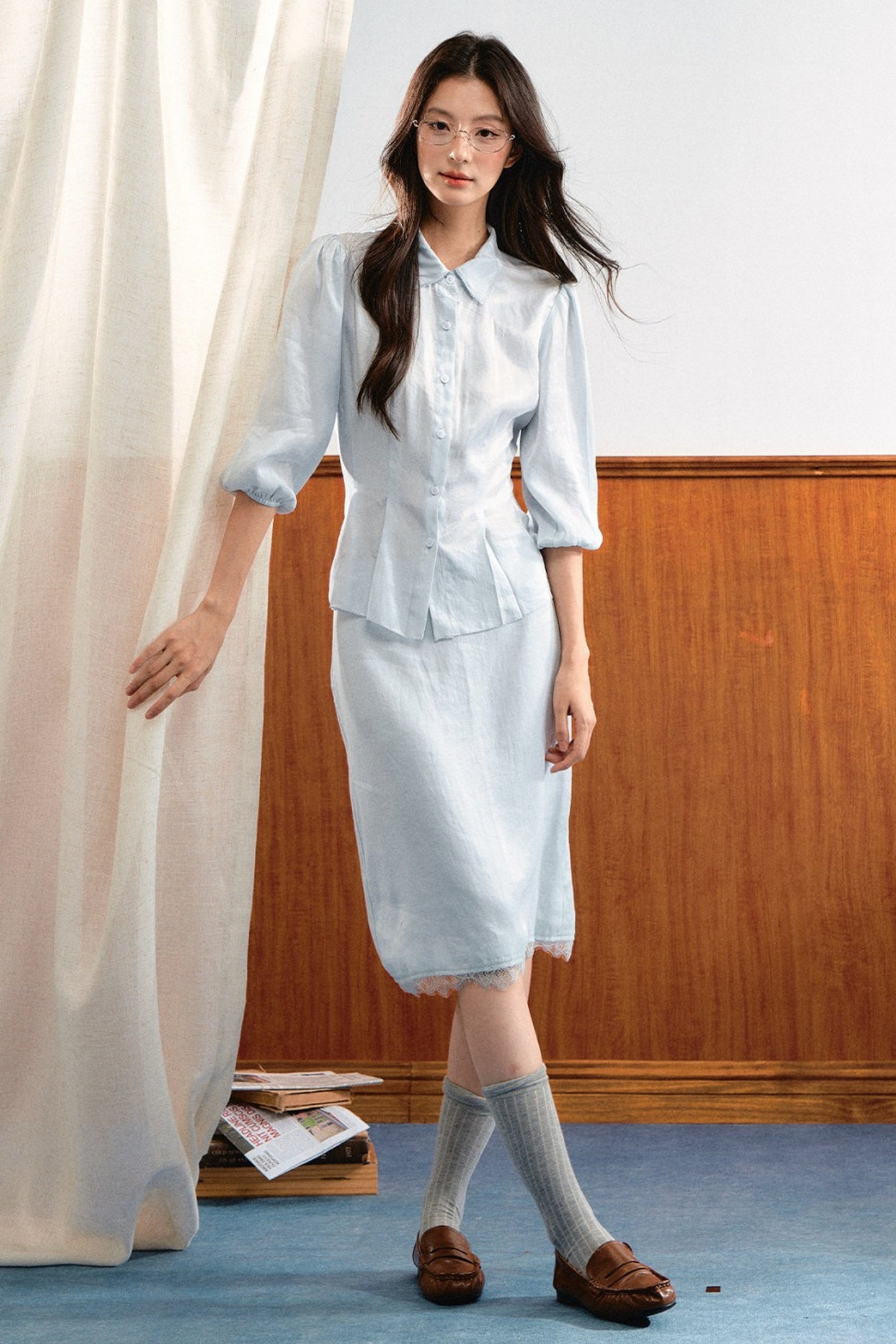 Lace Trim Puff Sleeve Top and Skirt Set-Up
