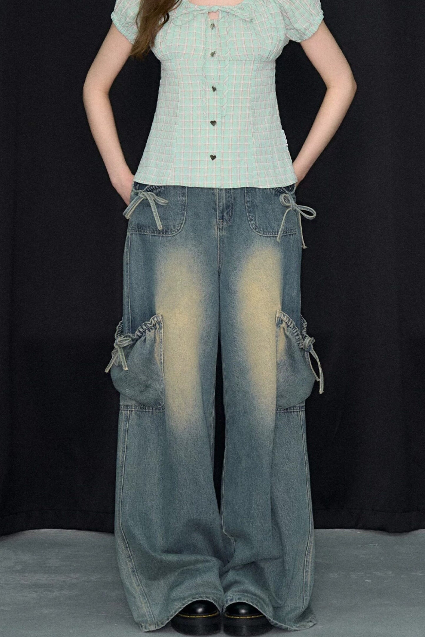 Green Plaid Puff Sleeve Button Front Top