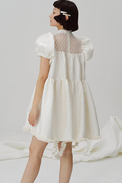 Lace Patchwork Puff Sleeve A-Line Dress