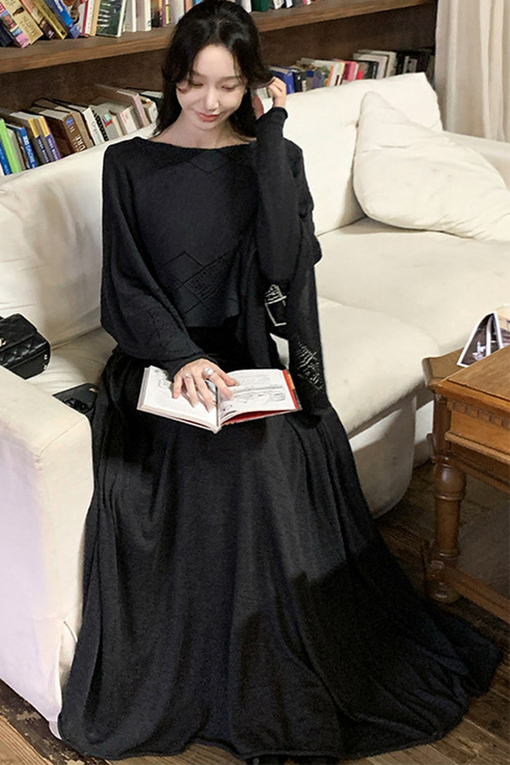Three-Way Drape Collar Knit Shawl and Skirt Set