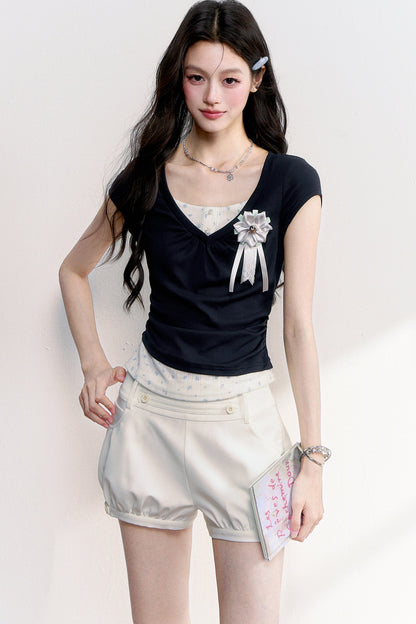Floral Ruched Fake Two-Piece T-Shirt