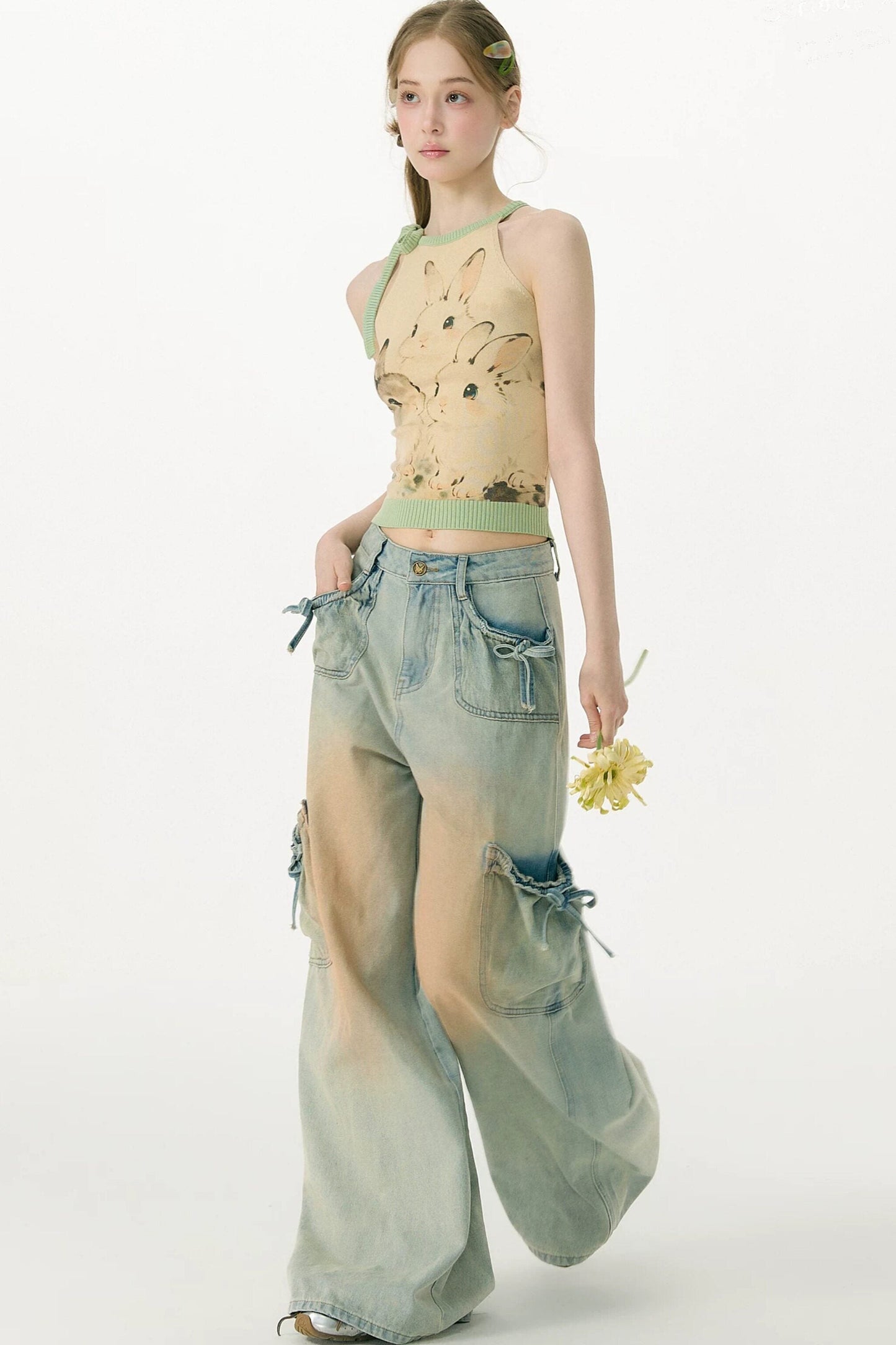 Pantaloni in denim retrò con fiocco