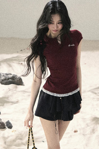 American Style Lace Fake Two-Piece Top
