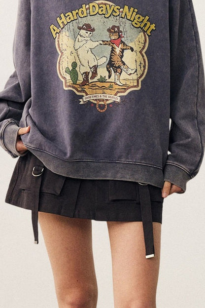 Washed Cat Print Sweatshirt and Pants Set