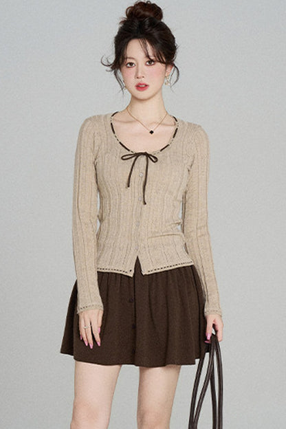 Hollow-Out Knit Cardigan and Skirt Set-Up