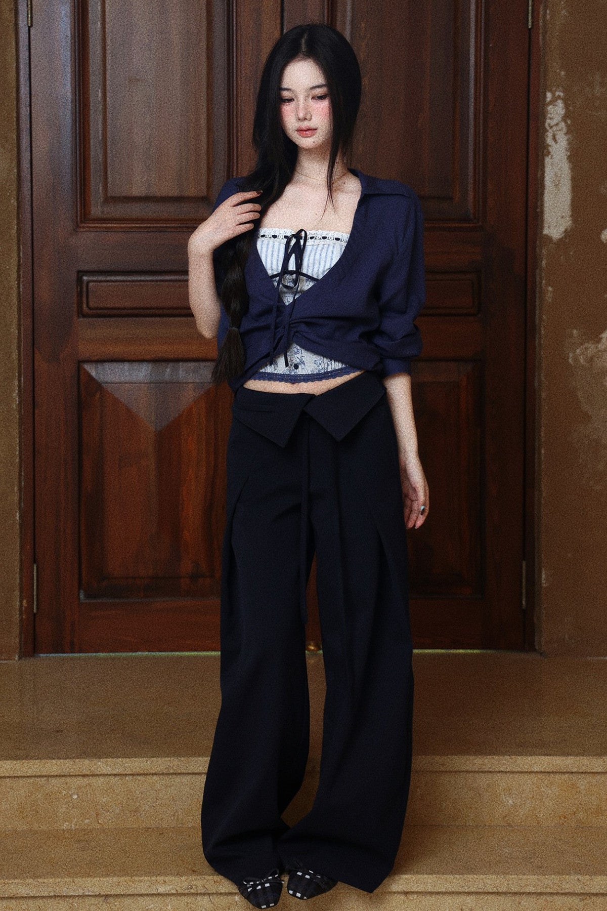 Navy Blue Knot Long Sleeve Shirt Set-Up