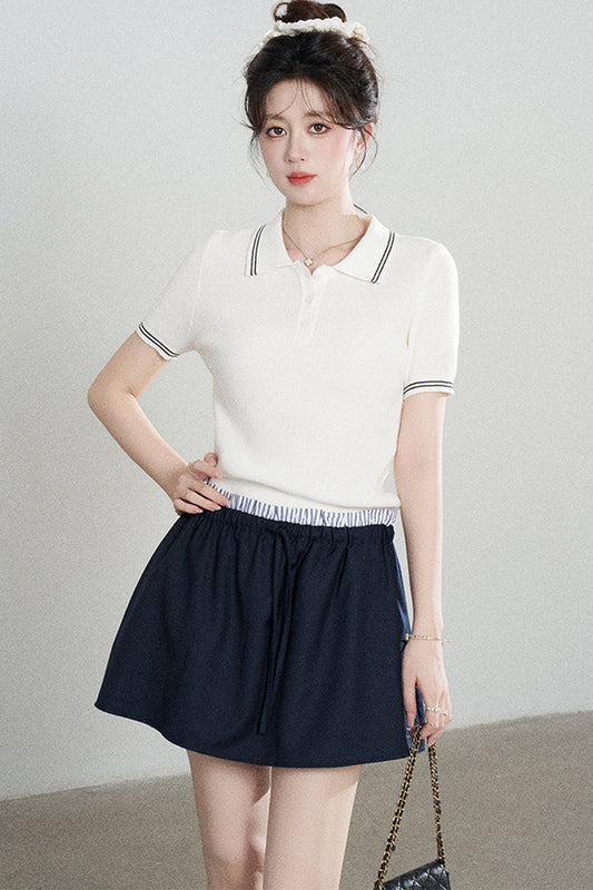 Ensemble tee-shirt polo en tricot blanc à manches courtes et jupe
