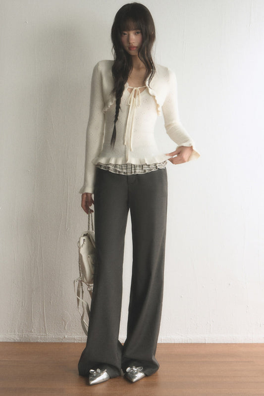 Ruffled Hollow-Out Knit Cardigan and Pants Set-Up
