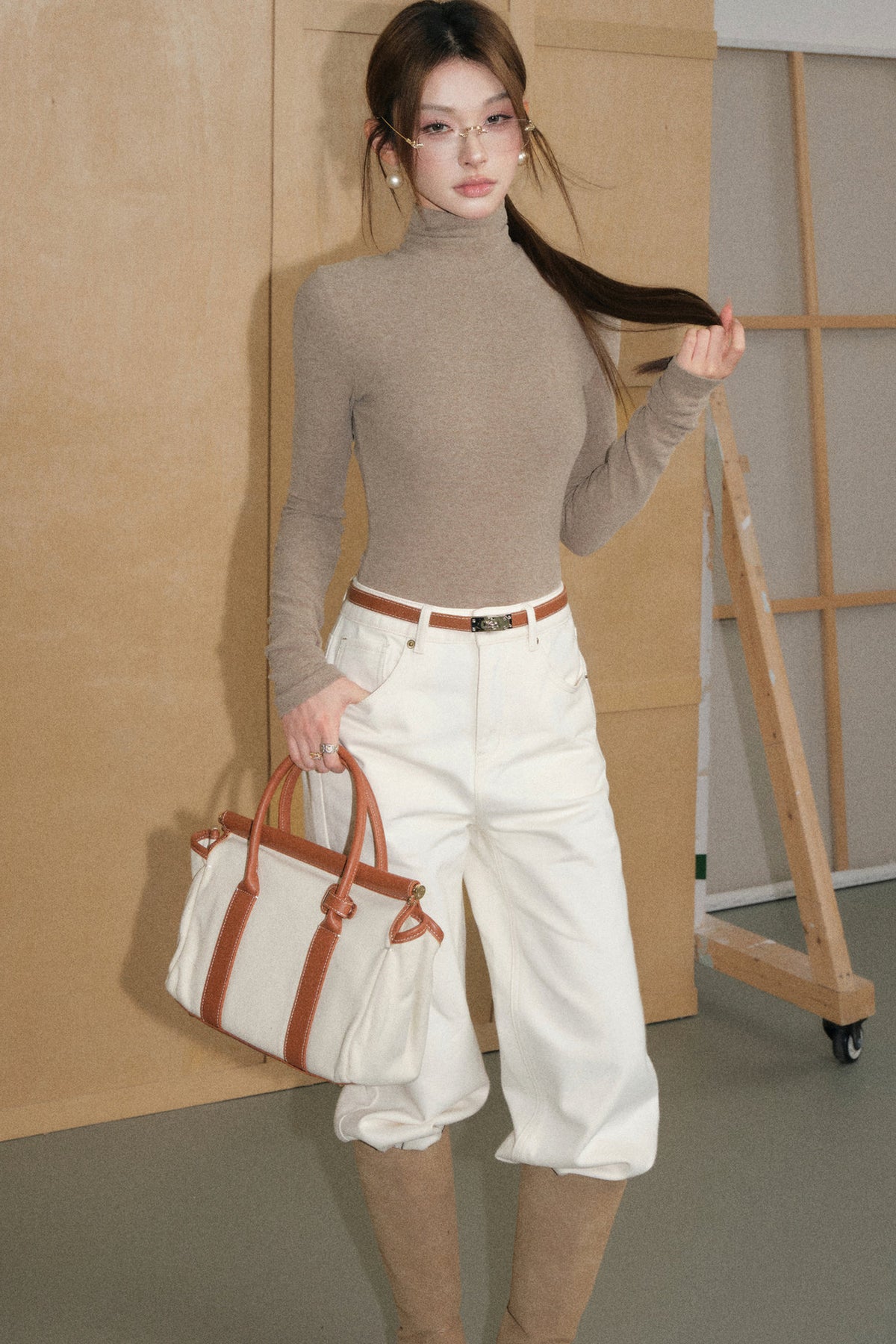 Conjunto de top de manga larga de lana de oveja color café con avena