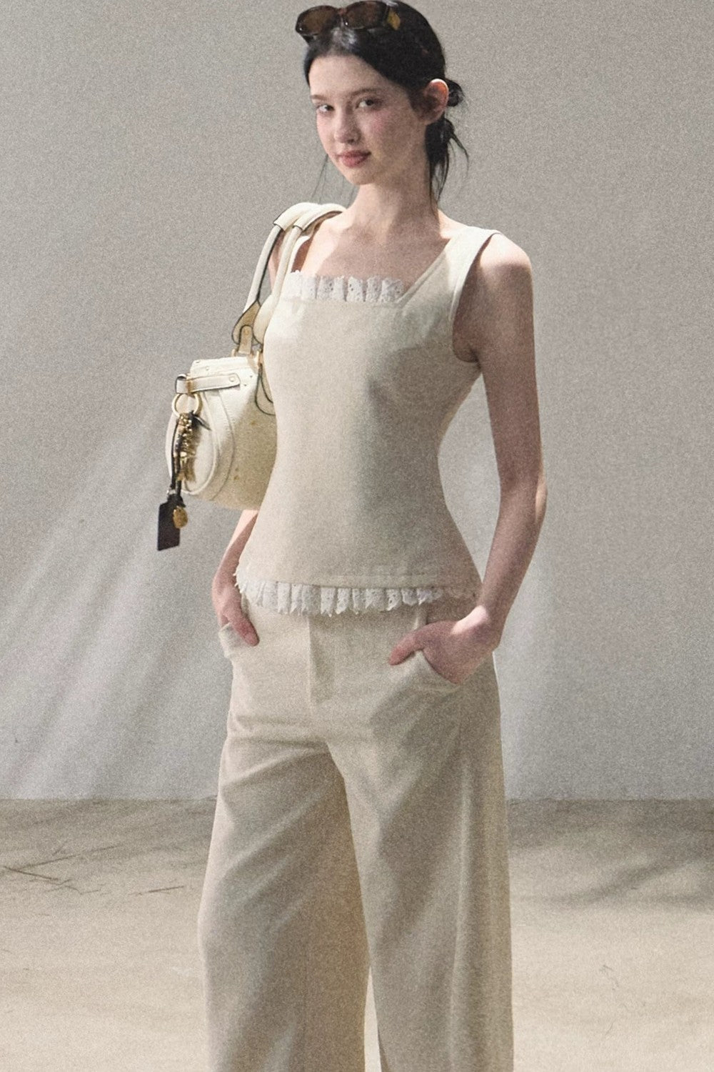 Linen Lace Patchwork Vest and Pants Set-Up