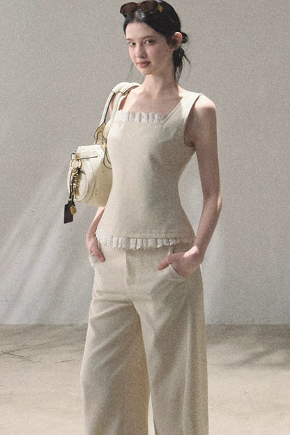 Linen Lace Patchwork Vest and Pants Set-Up