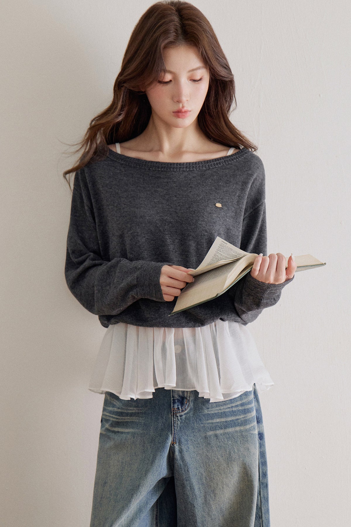 Wool Blend Mesh Patchwork Layered-Look Knit Top