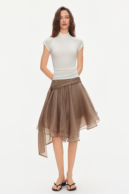 Asymmetrical Tie Waist Sheer Midi Skirt