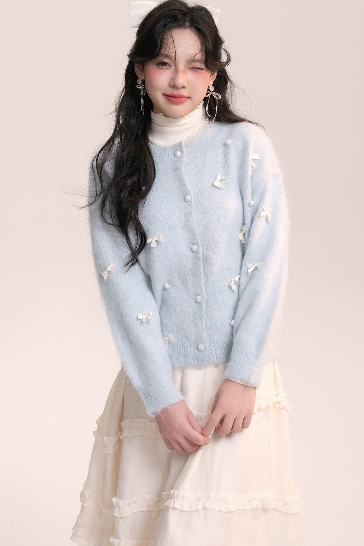 Ballet Bow Knit Cardigan With Skirt Set