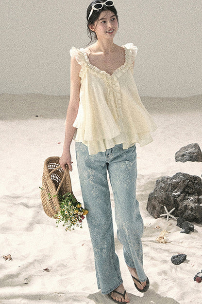 French Ruffled V-Neck Blouse