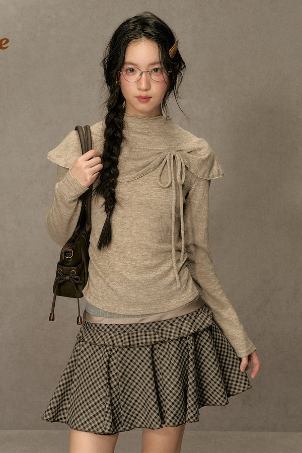 Bowknot Cape Collar Long Sleeve Top