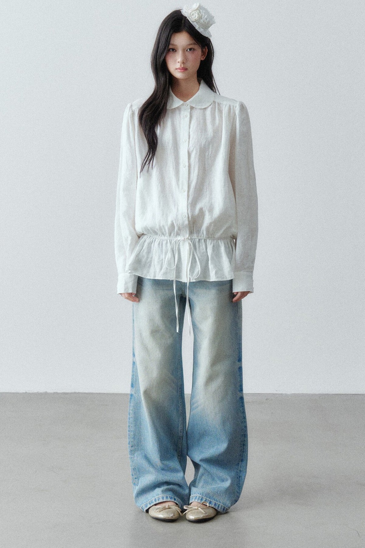 Low-Waist Ruffle Linen Shirt