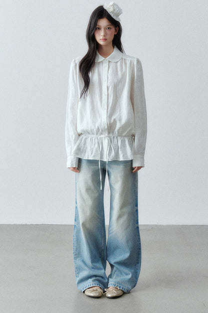 Low-Waist Ruffle Linen Shirt