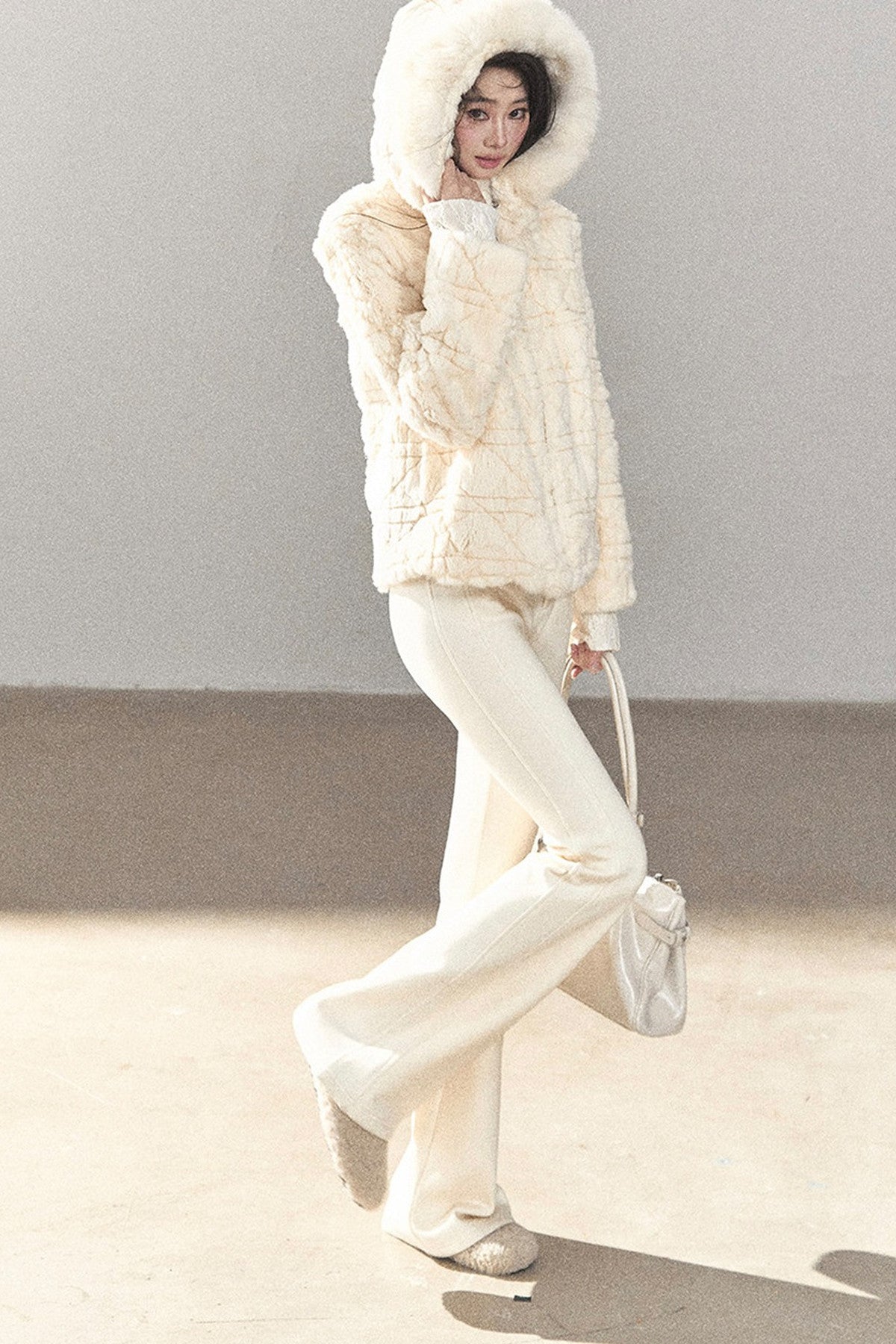 Quilted Faux Rabbit Fur Hooded Jacket