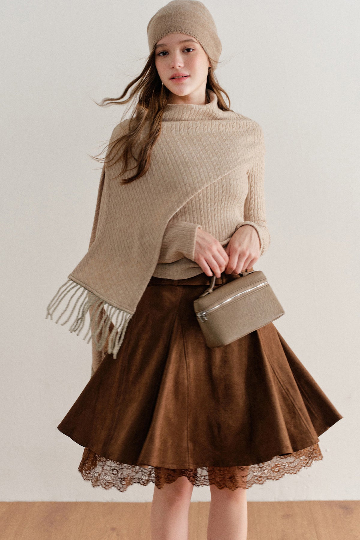 Faux Suede Lace Patchwork Skirt