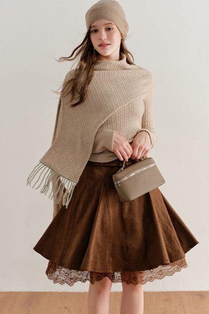 Faux Suede Lace Patchwork Skirt