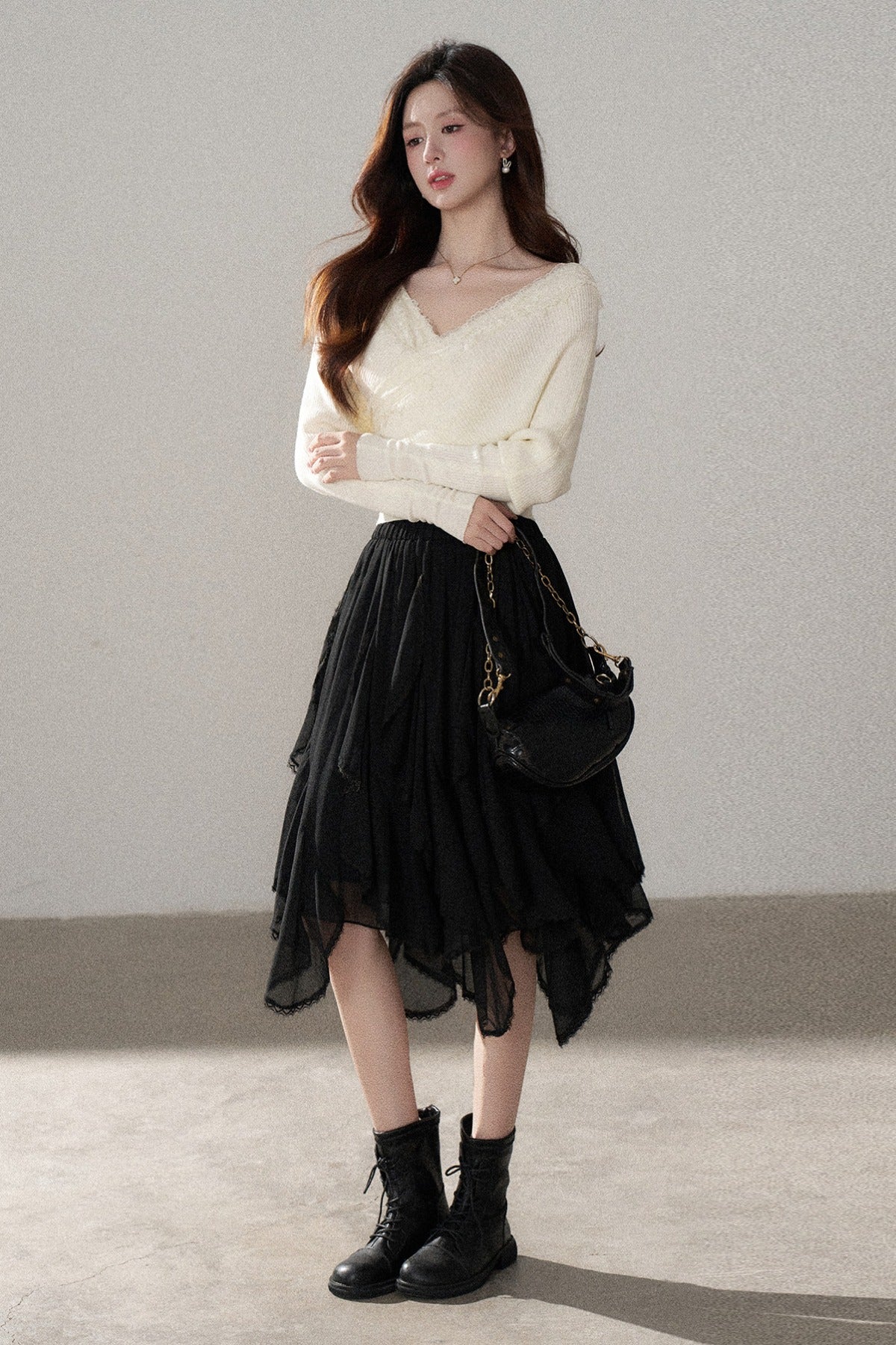 V-Neck Hollow Knit Top and Jeans Set-Up