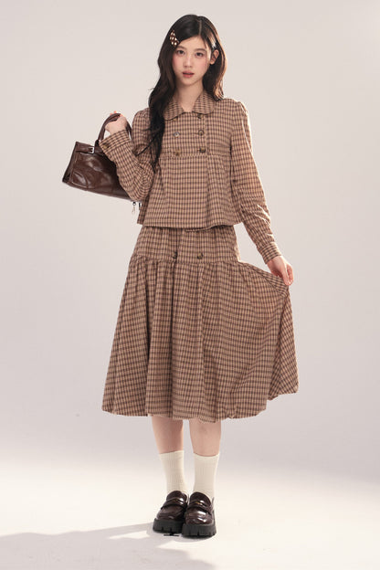 Long-Sleeved Plaid Shirt and Skirt Set-Up