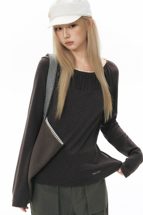 Pleated Striped Knit Base Layer Top