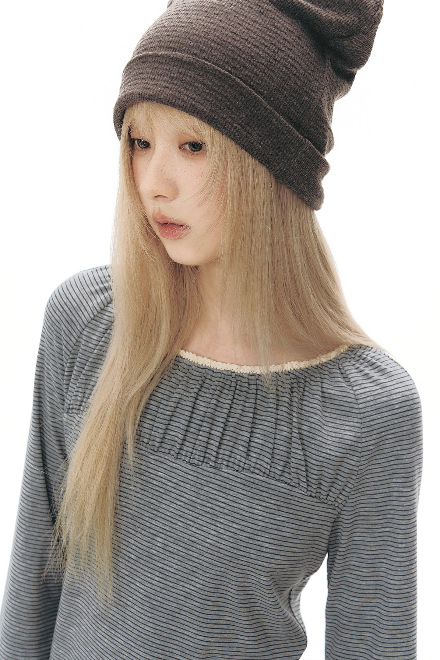 Pleated Striped Knit Base Layer Top