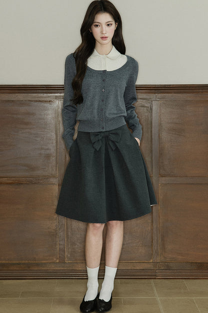 Mid-Waist Bow A-Line Frayed Skirt