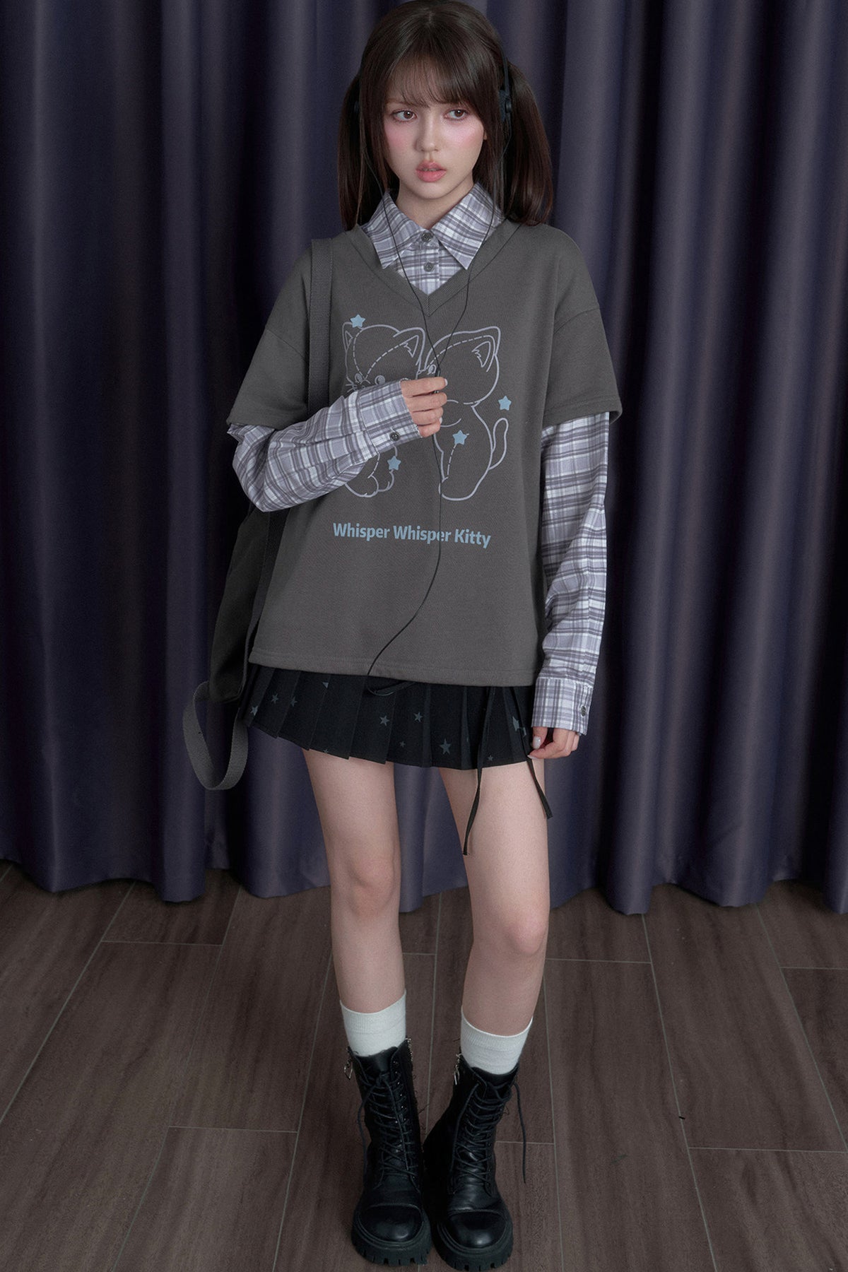 Sweatshirt im Lagenlook mit Katze und Karomuster