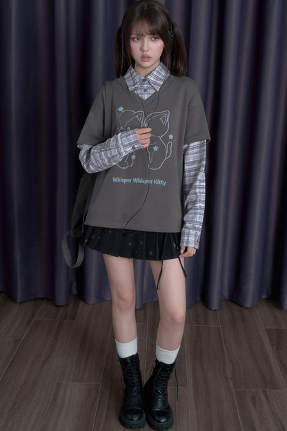 Sweatshirt im Lagenlook mit Katze und Karomuster