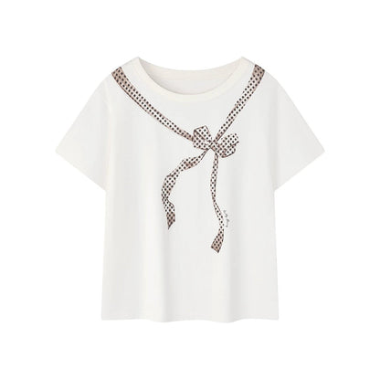 Off-Shoulder Bow Print T-Shirt