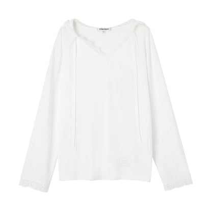 Somesowe Lace Ribbon Hooded T-Shirt