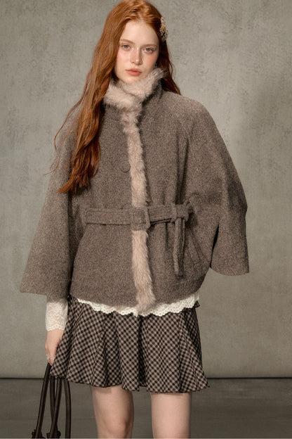 Floral Fur Collar Woolen Cape
