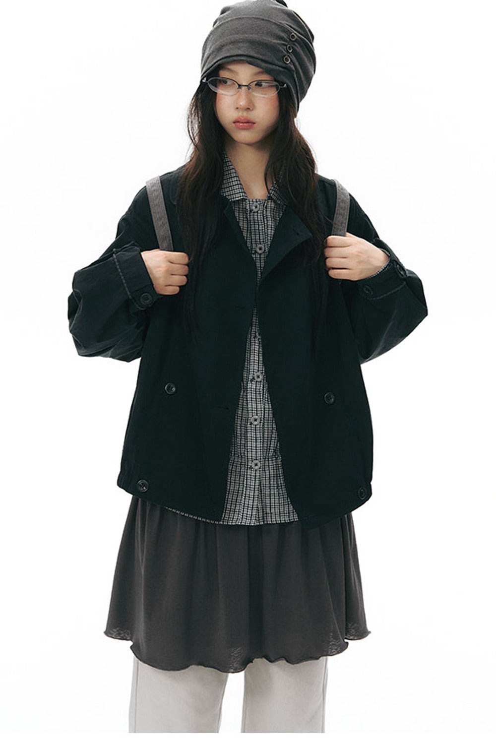Side Seam Button Pleated Beanie Knit