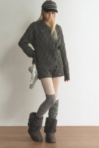 Grey Argyle Knit Cardigan and Shorts Set-Up