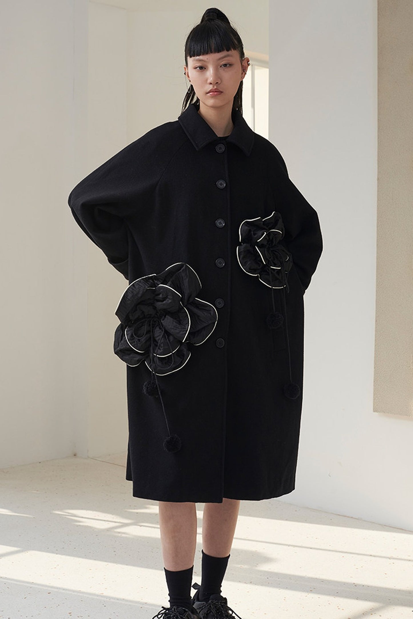 Floral Pleated Wool Coat