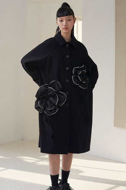 Floral Pleated Wool Coat