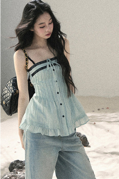 One-Shoulder Ruched Lace Camisole