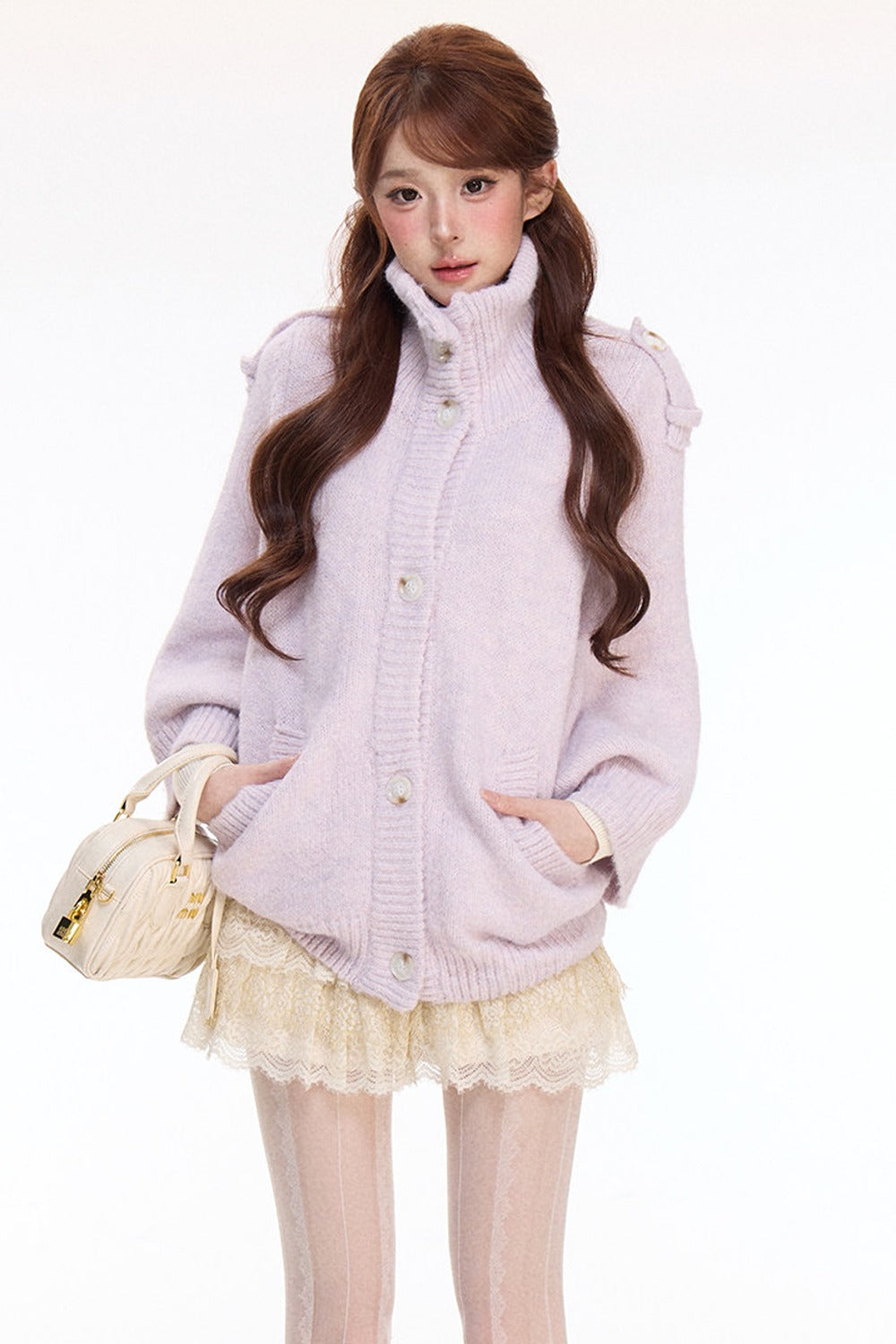 Woolen Cape Top and Lace Cake Skirt Set-Up